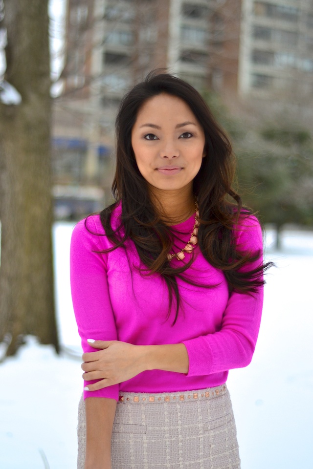 pink sweater, pink skirt, pink necklace, winter style