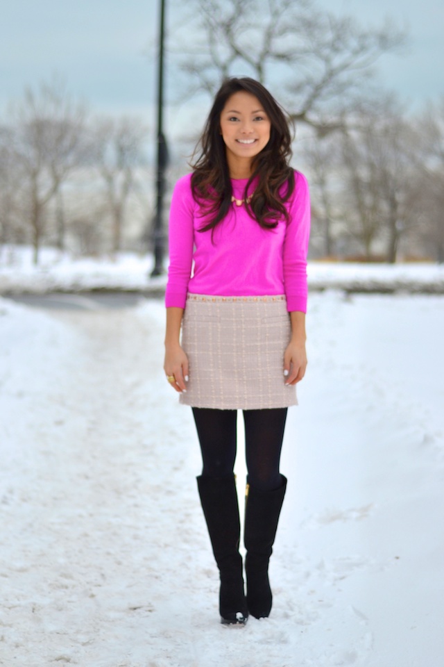 pink sweater, pink skirt, pink necklace, winter style