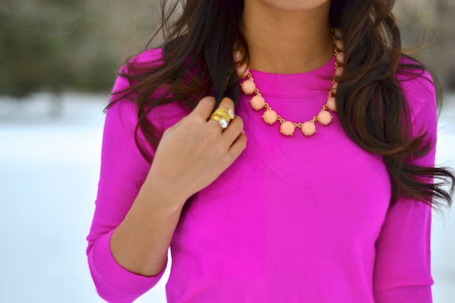pink sweater, pink skirt, pink necklace, winter style