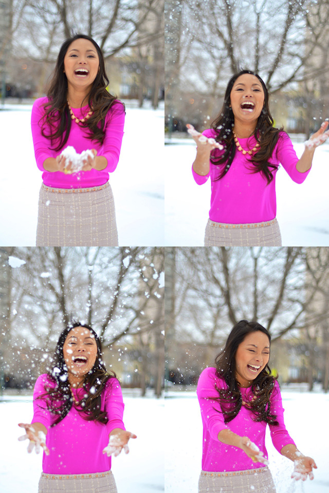 pink outfit, winter style, snow