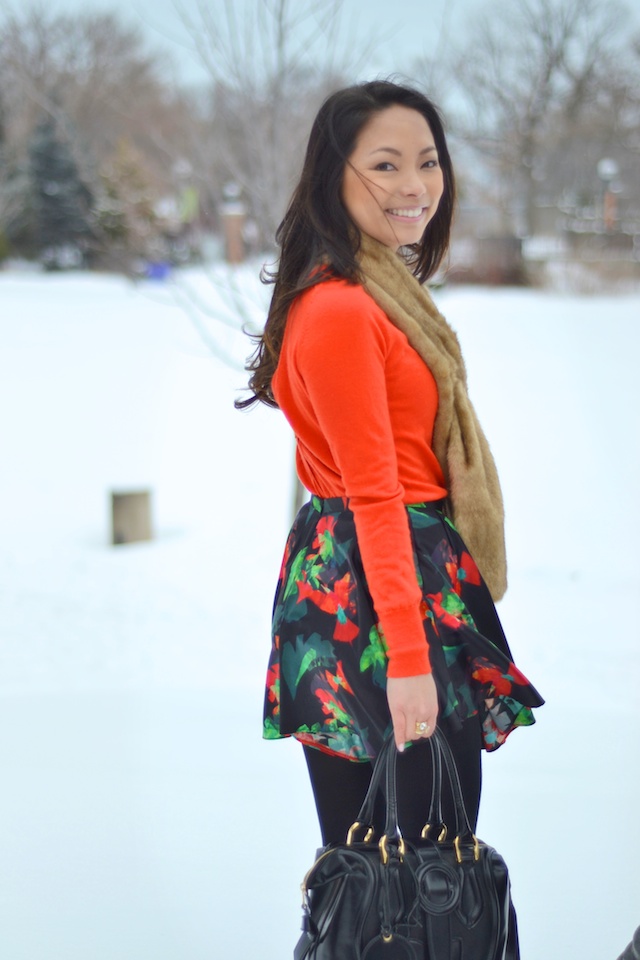 poppy, red sweater, floral print, skort, faux fur