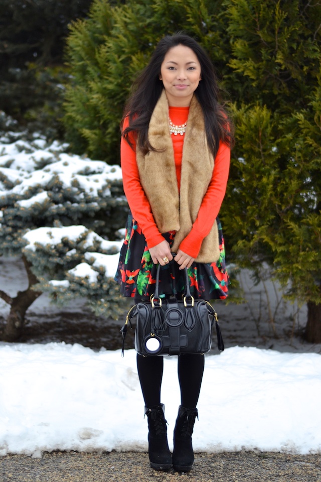 winter style, faux fur, poppy red, floral print