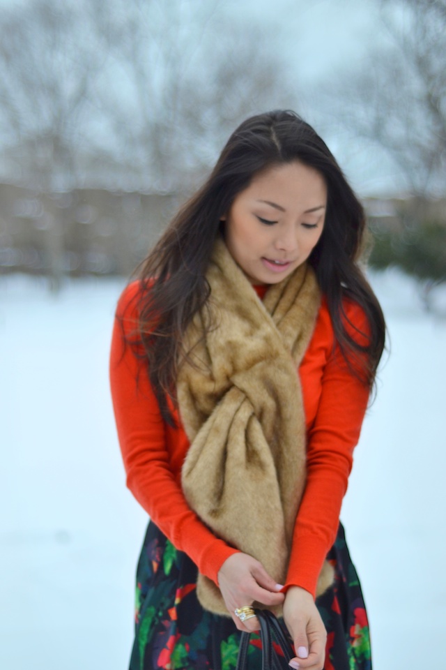 poppy, red sweater, faux fur, winter style