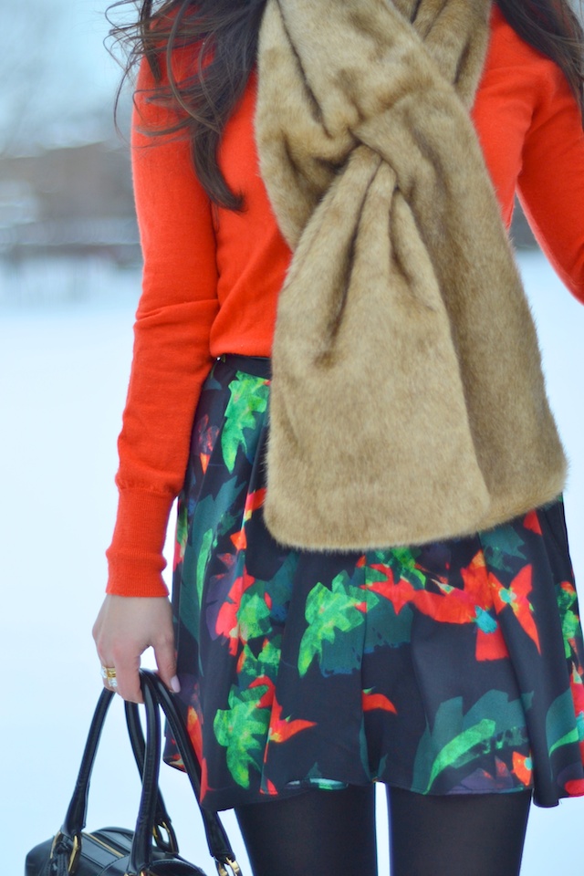 poppy, red sweater, floral print, skort, faux fur