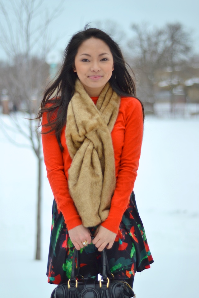 poppy, red sweater, floral print, skort, faux fur