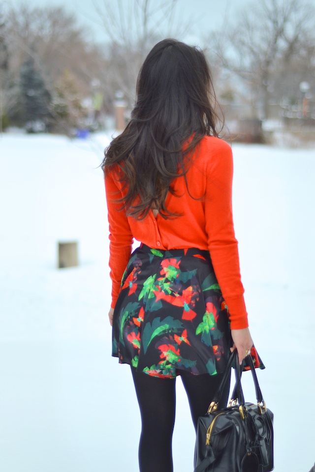 backwards sweater, poppy, floral skirt, skort, winter style