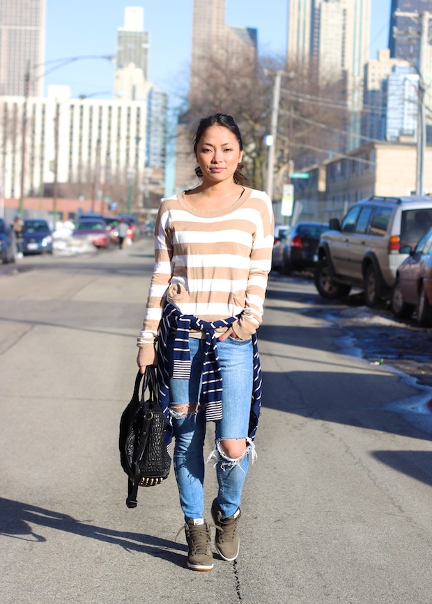 ripped jeans, stripes, nike wedge dunks