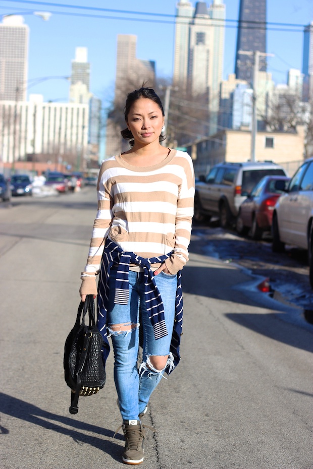 ripped jeans, stripes, nike wedge dunks