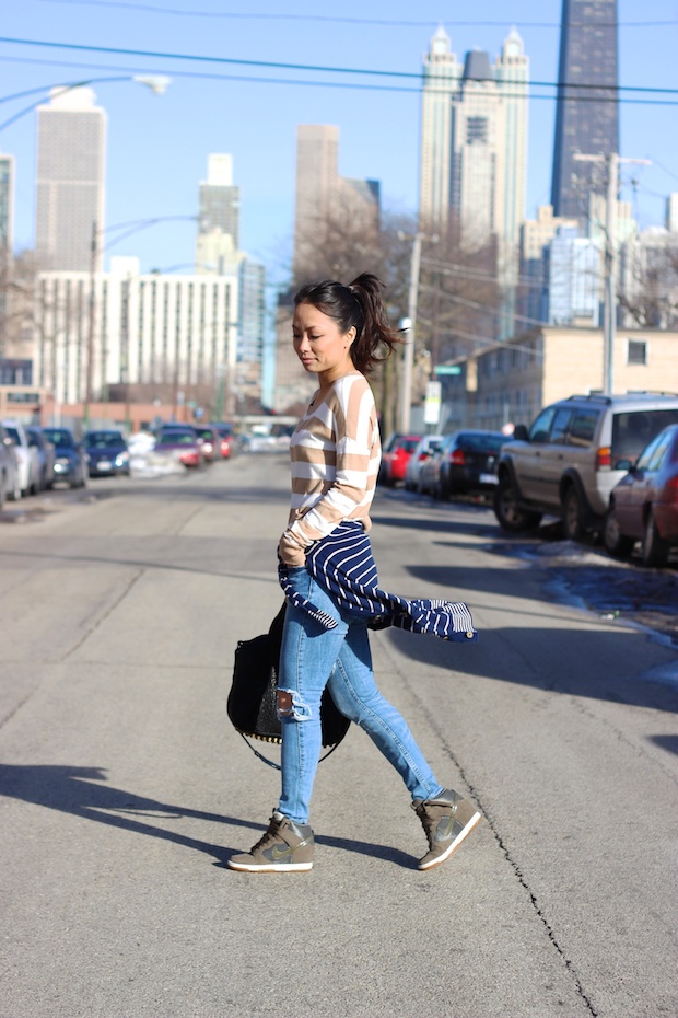 ripped jeans, stripes, nike wedge dunks