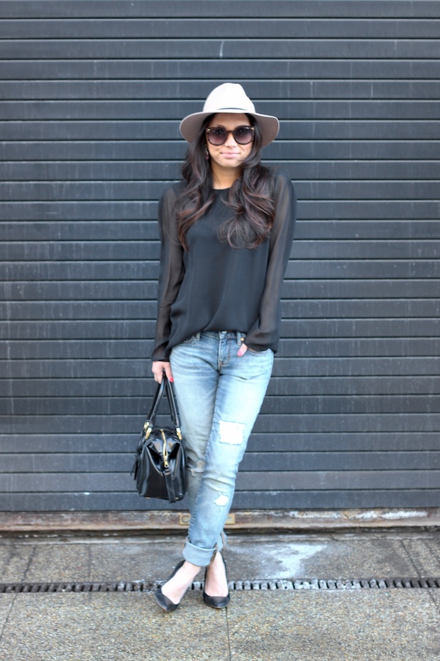 floppy fedora, boyfriend skinny jeans, hat