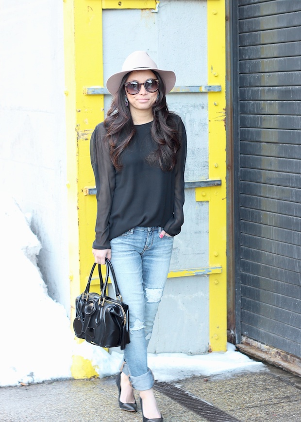 floppy fedora, boyfriend skinny jeans, hat