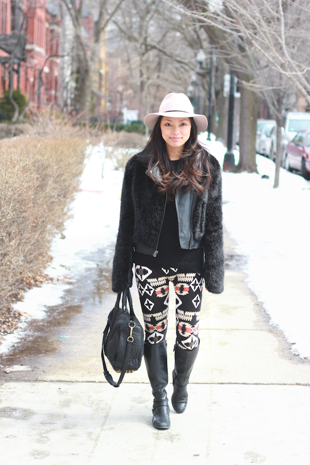 aztec leggings, white plum, printed leggings, fedora