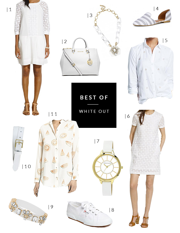 white tops, white dresses, white accessories, white watch, white bag