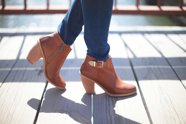 gingham, peach blazer, structured blazer, marrin costello, cognac booties