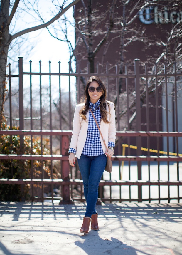 gingham, peach blazer, structured blazer, marrin costello, cognac booties