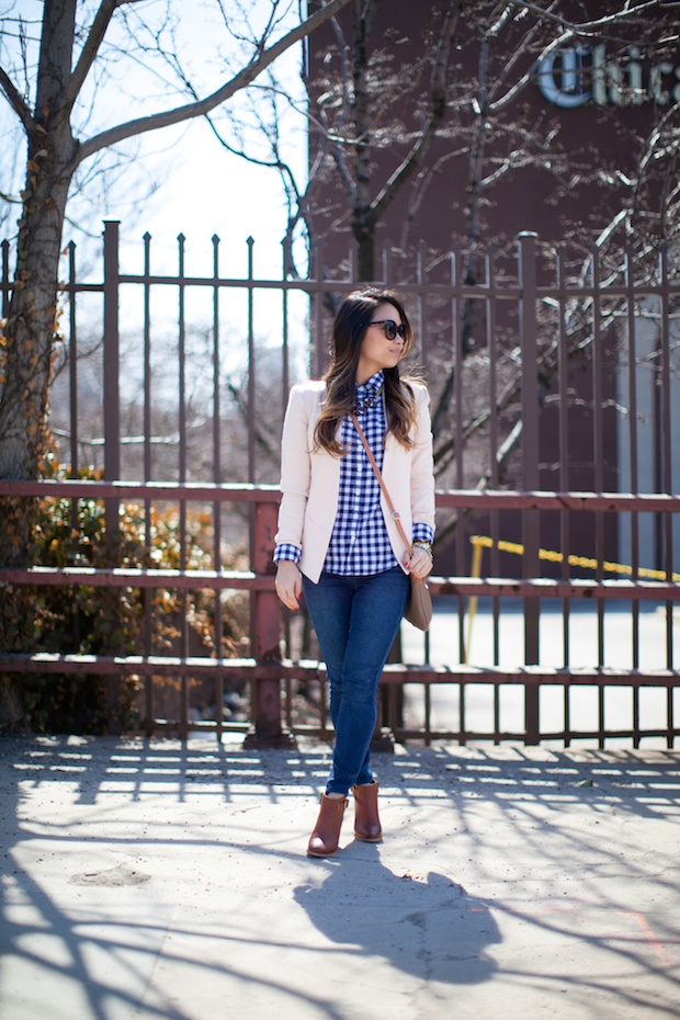 gingham, peach blazer, structured blazer, marrin costello, cognac booties