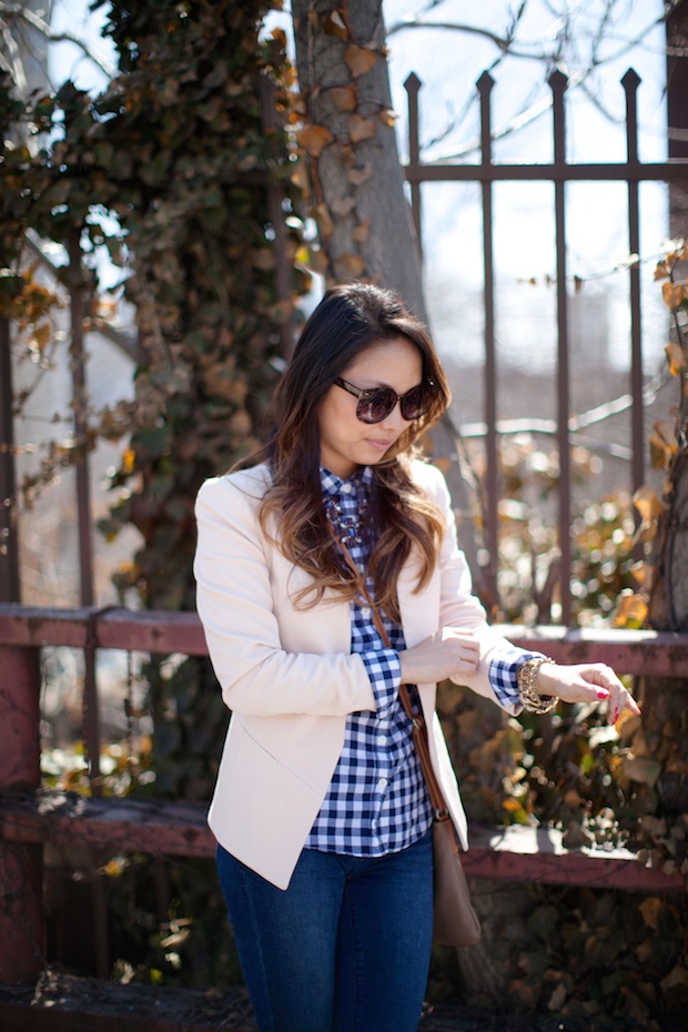 gingham, peach blazer, structured blazer, marrin costello, cognac booties