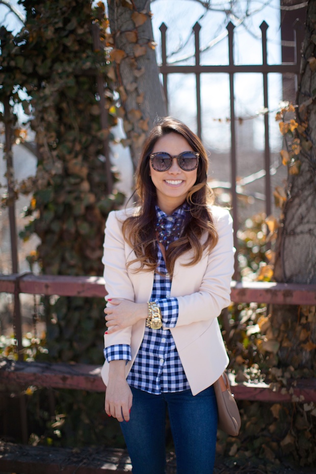 gingham, peach blazer, structured blazer, marrin costello, cognac booties