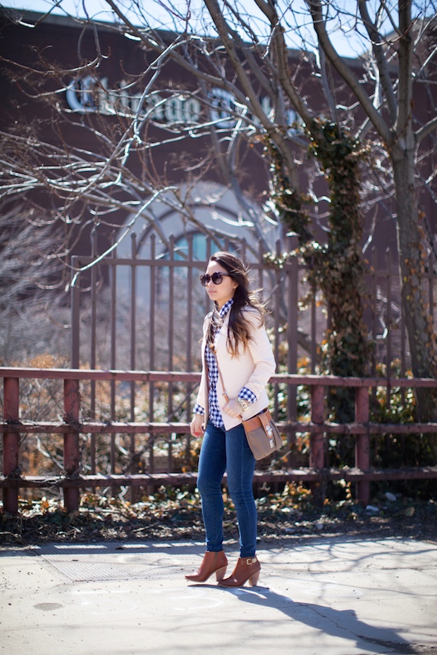 gingham, peach blazer, structured blazer, marrin costello, cognac booties