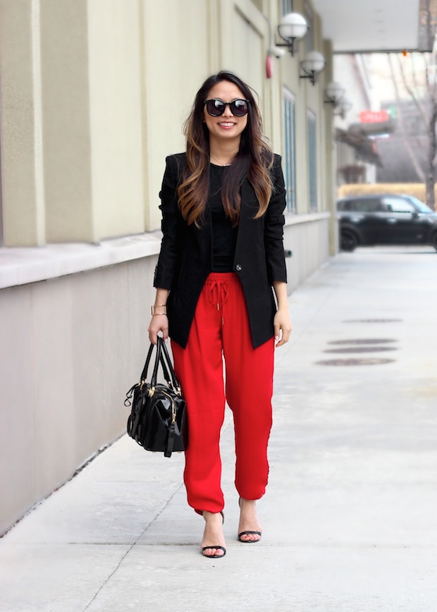 Henri Bendel luxe, Joie silk pants, Helmut Lang Blazer, petite style, Karen Walker Super Duper