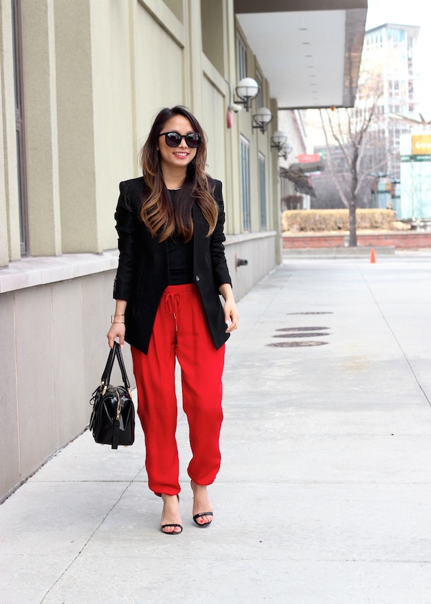 Henri Bendel luxe, Joie silk pants, Helmut Lang Blazer, petite style, Karen Walker Super Duper