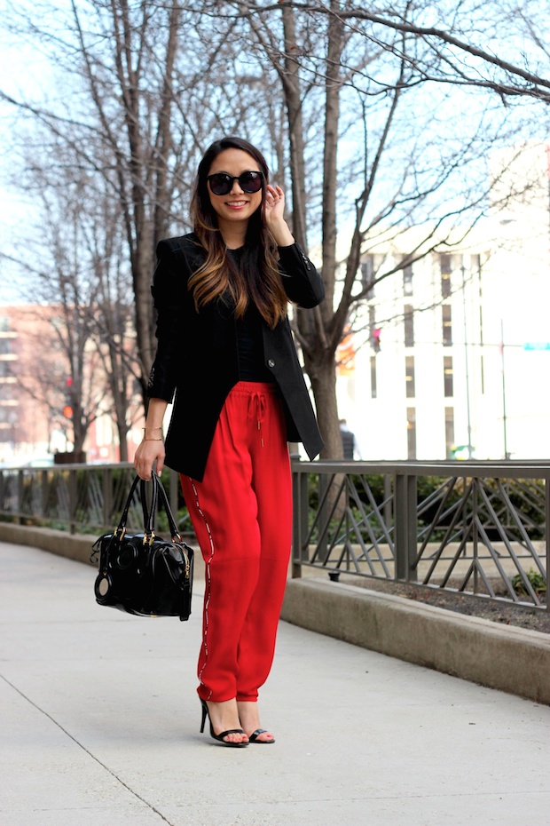 Henri Bendel luxe, Joie silk pants, Helmut Lang Blazer, petite style, Karen Walker Super Duper