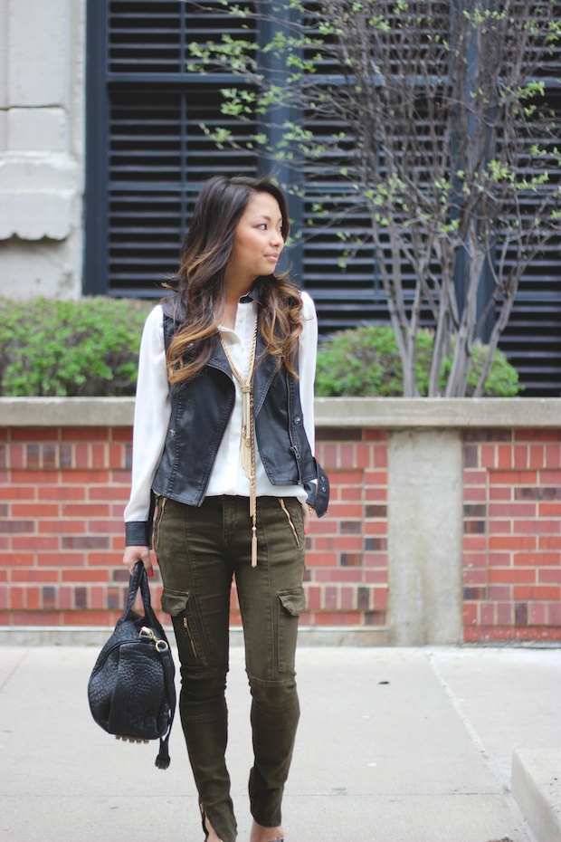 cargo jeans, ankle zip skinny jeans, green cargo pants, tassel necklace, leather vest