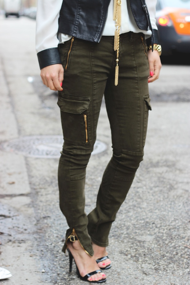 cargo jeans, ankle zip skinny jeans, green cargo pants, tassel necklace, leather vest
