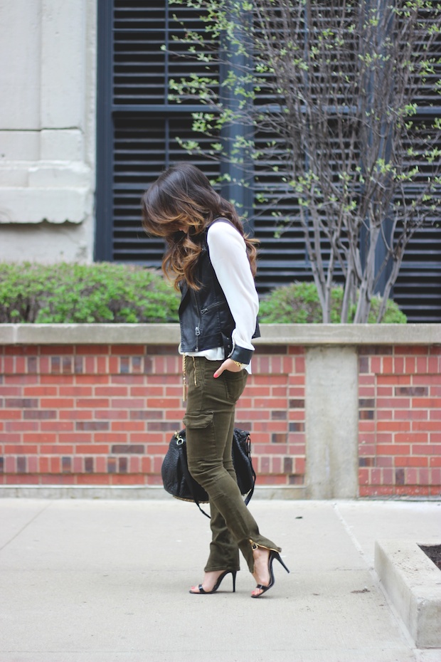 cargo jeans, ankle zip skinny jeans, green cargo pants, tassel necklace, leather vest