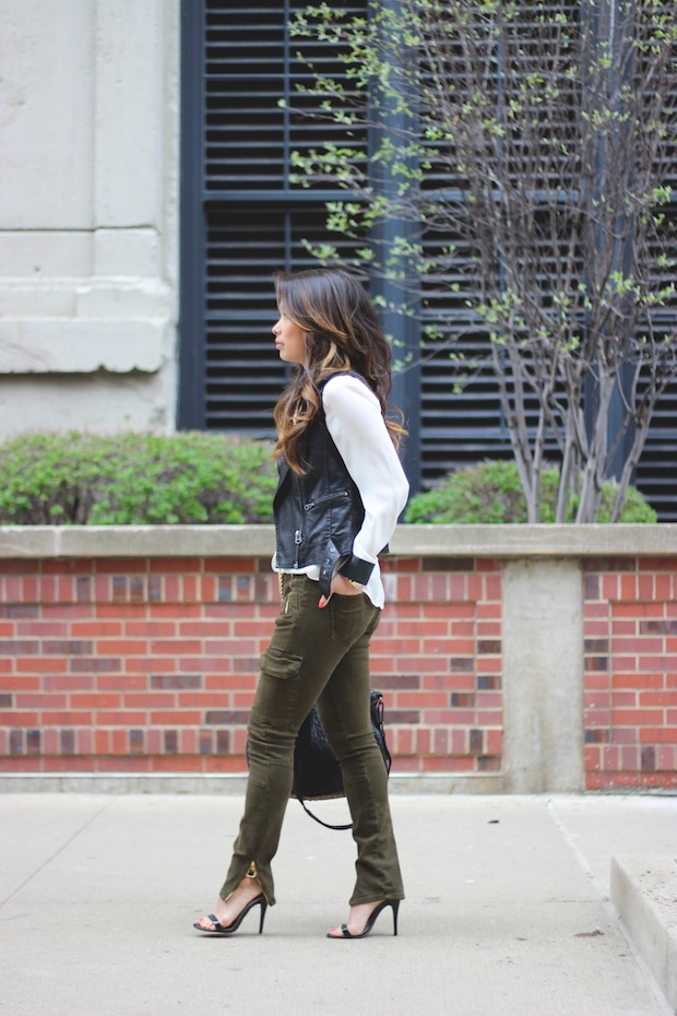 cargo jeans, ankle zip skinny jeans, green cargo pants, tassel necklace, leather vest