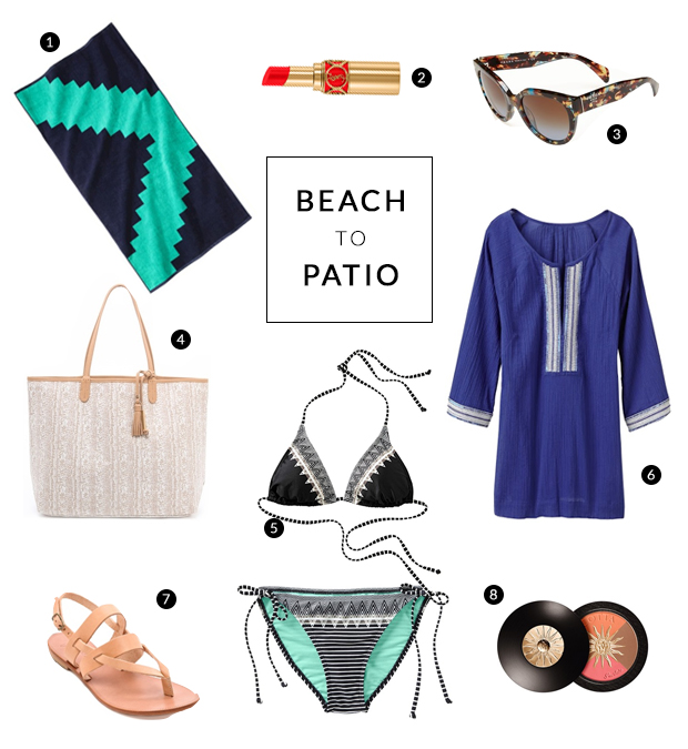 athleta, beach, patio, caftan, athleta swimsuit, nate berkus towel,