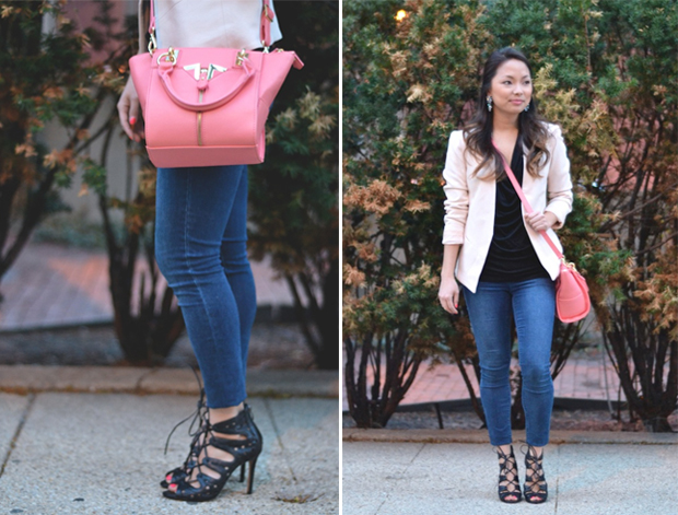 skinny jeans, vince camuto strappy sandals, pink blazer, danielle nicole mini alexa, date night style