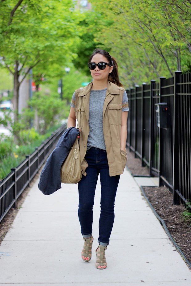 cargo vest, cargo jacket, anorak, prada sunglasses, tshirt style