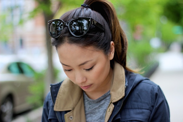 cargo vest, cargo jacket, anorak, prada sunglasses, ponytail style