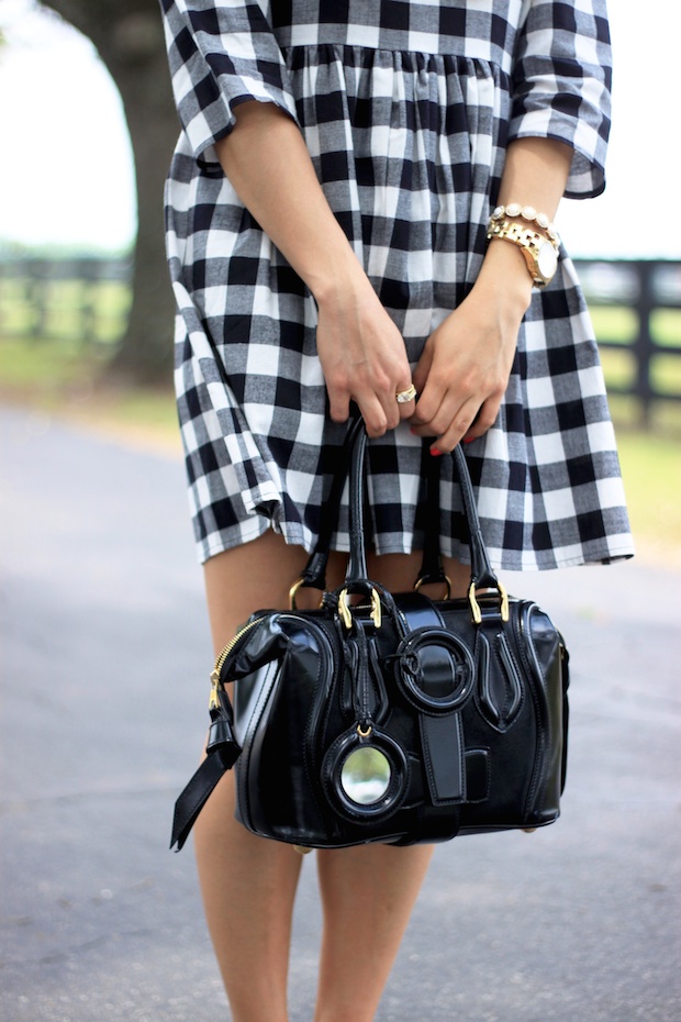 gingham dress, black gingham, mirrored ray bans, asos, petite style ideas