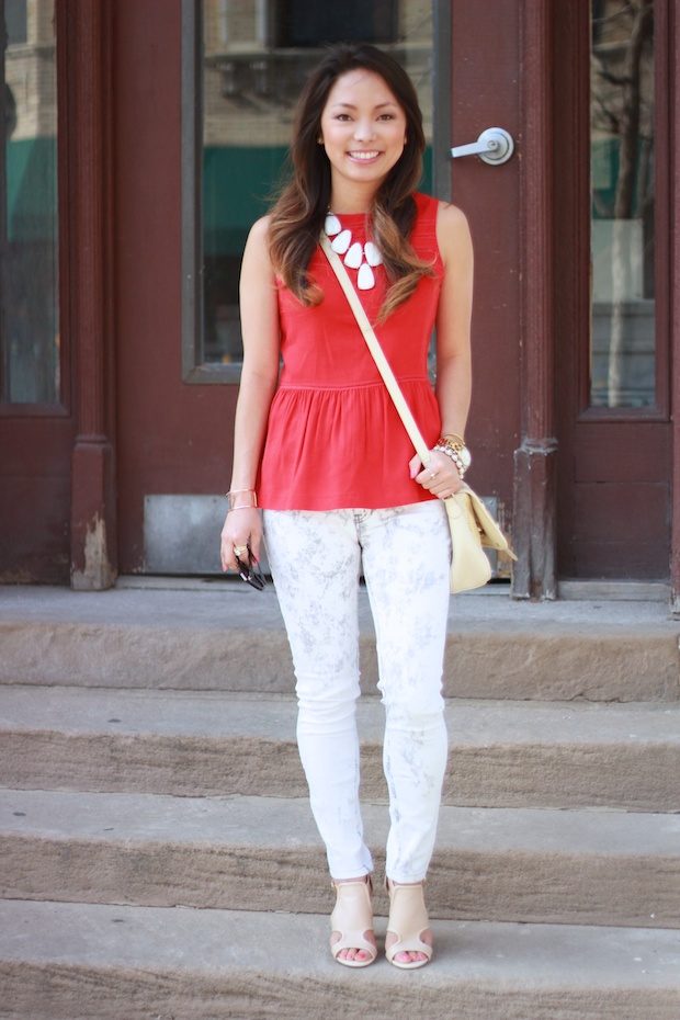 red peplum top, kendra scott harlow necklace, white jeans, mih jeans, sole society heels