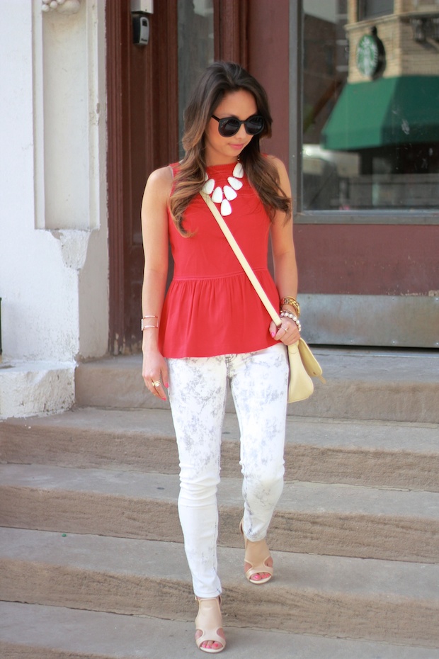 red peplum top, kendra scott harlow necklace, white jeans, mih jeans, sole society heels