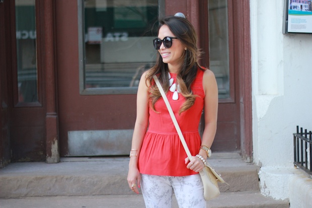 red peplum top, kendra scott harlow necklace, white jeans, mih jeans, sole society heels