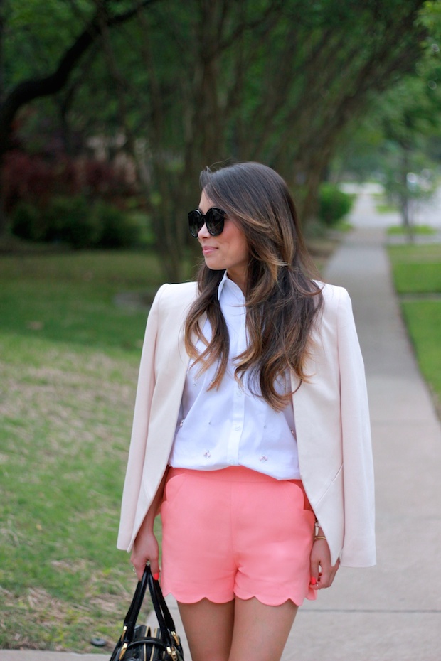 scalloped shorts, pink shorts, short suit, pink blazer, ann taylor embellished blouse