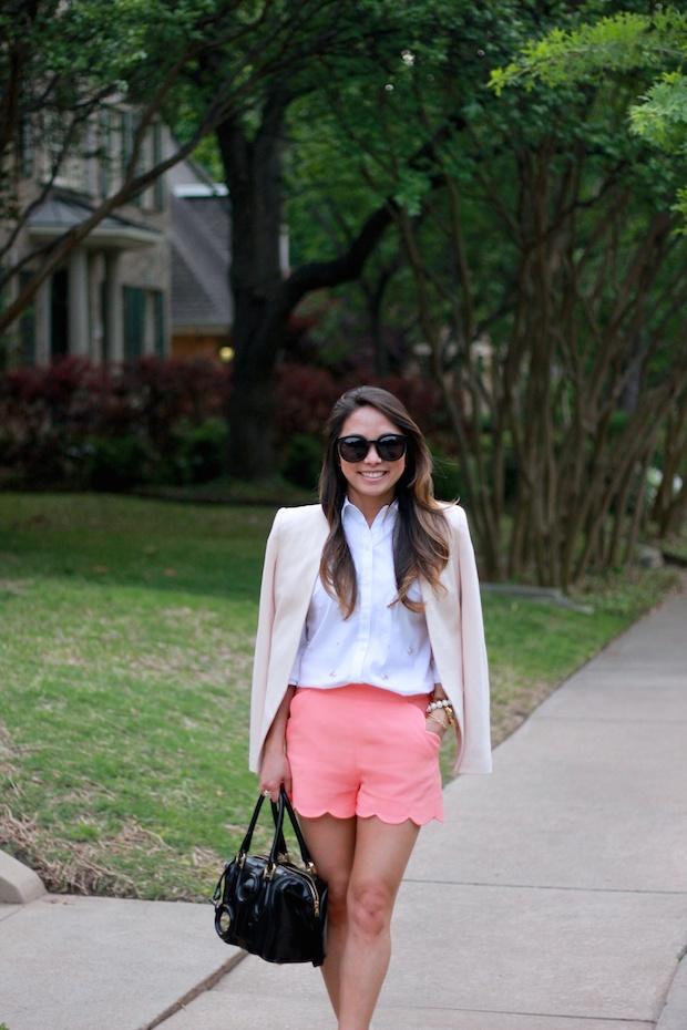 scalloped shorts, pink shorts, short suit, pink blazer, ann taylor embellished blouse