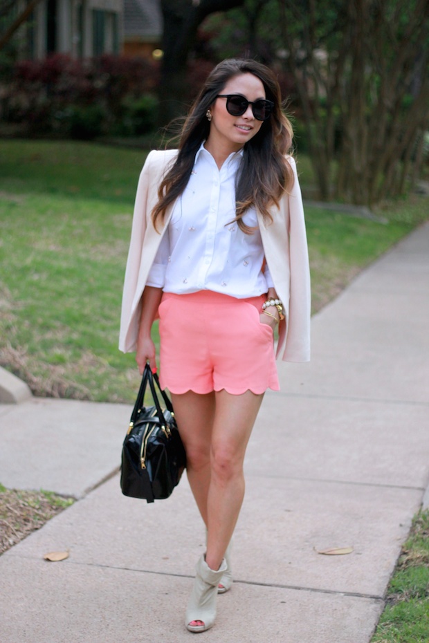 scalloped shorts, pink shorts, short suit, pink blazer, ann taylor embellished blouse