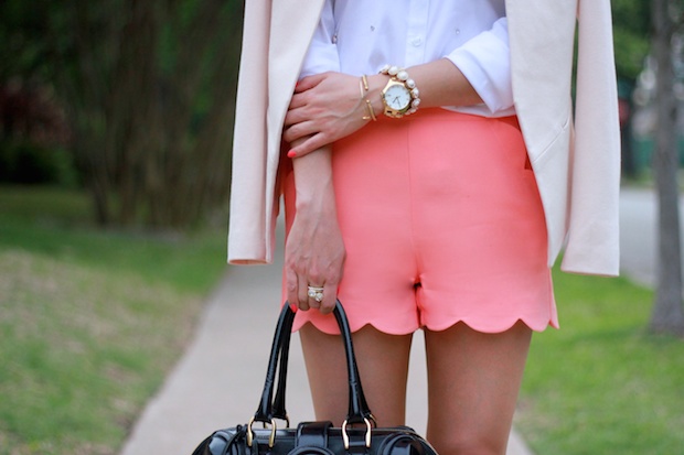 scalloped shorts, pink shorts, short suit, pink blazer, ann taylor embellished blouse