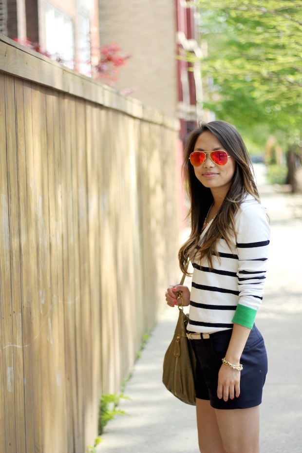 stripes, shorts, chinos, bucket bag, mirrored ray bans, dorsay flats