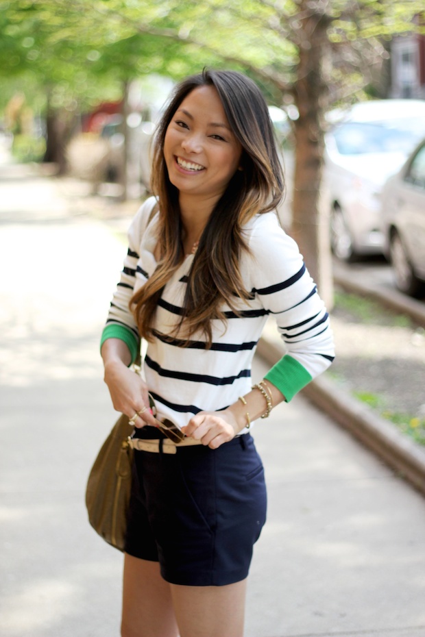 stripes, shorts, chinos, bucket bag, mirrored ray bans, dorsay flats