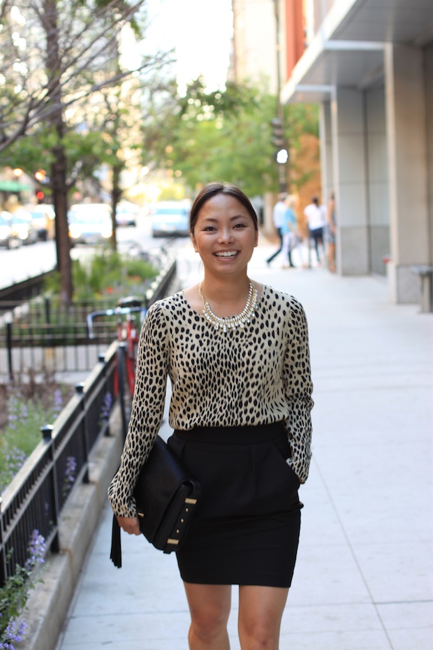 business attire, working girl, leopard blouse, office attire, black pumps