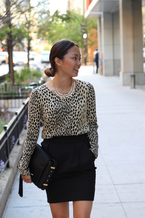 business attire, working girl, leopard blouse, office attire, black pumps