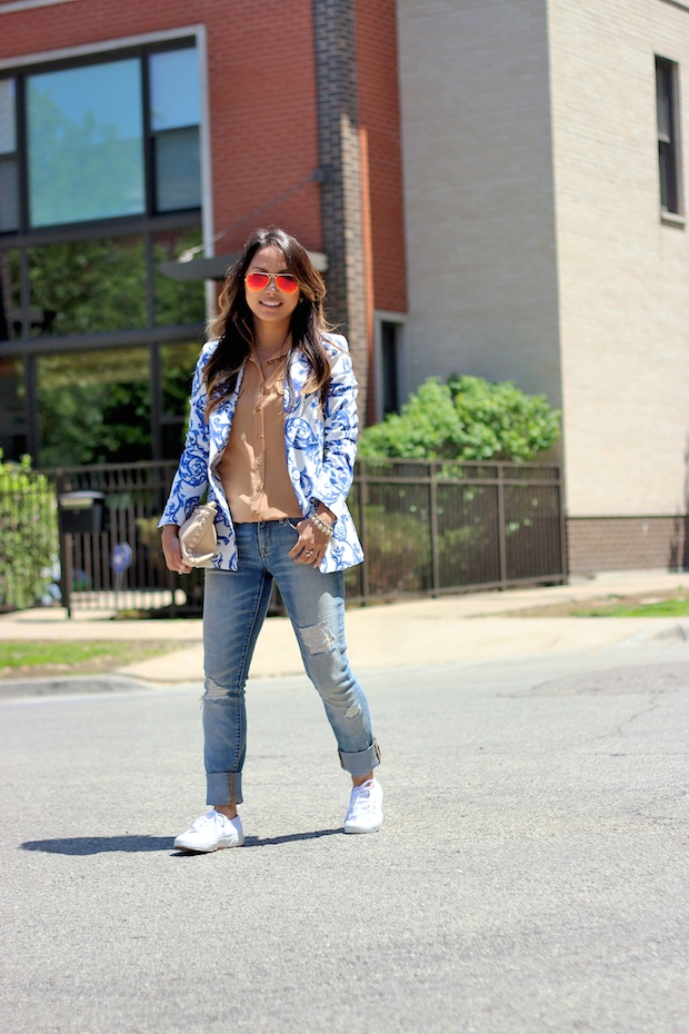 porcelain, ceramic print, printed blazer, zara blazer, gap boyfriend jeans, superga, sneaker style, mirrored aviators