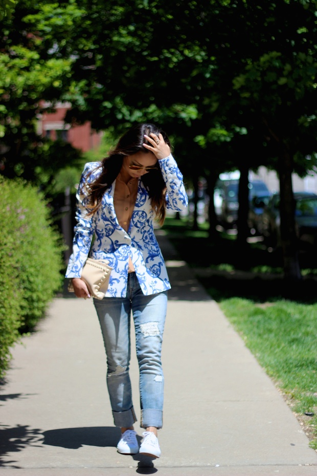 porcelain, ceramic print, printed blazer, zara blazer, gap boyfriend jeans, superga, sneaker style, mirrored aviators