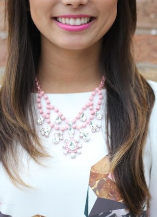 t and j designs, pink chandelier necklace, geometric shift dress, bright pink lipstick