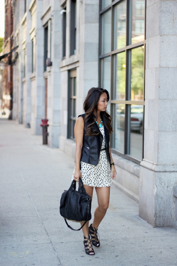 dolce vita romper, moto vest, lace up heels, alexander wang rocco